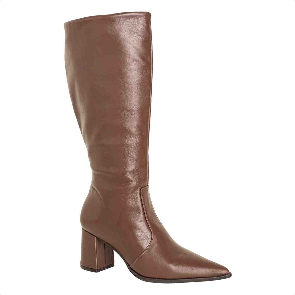 Bota Feminina Dm Cano Alto Em Couro Com Salto Bloco E Bico Fino Veneto Brown Marrom 2