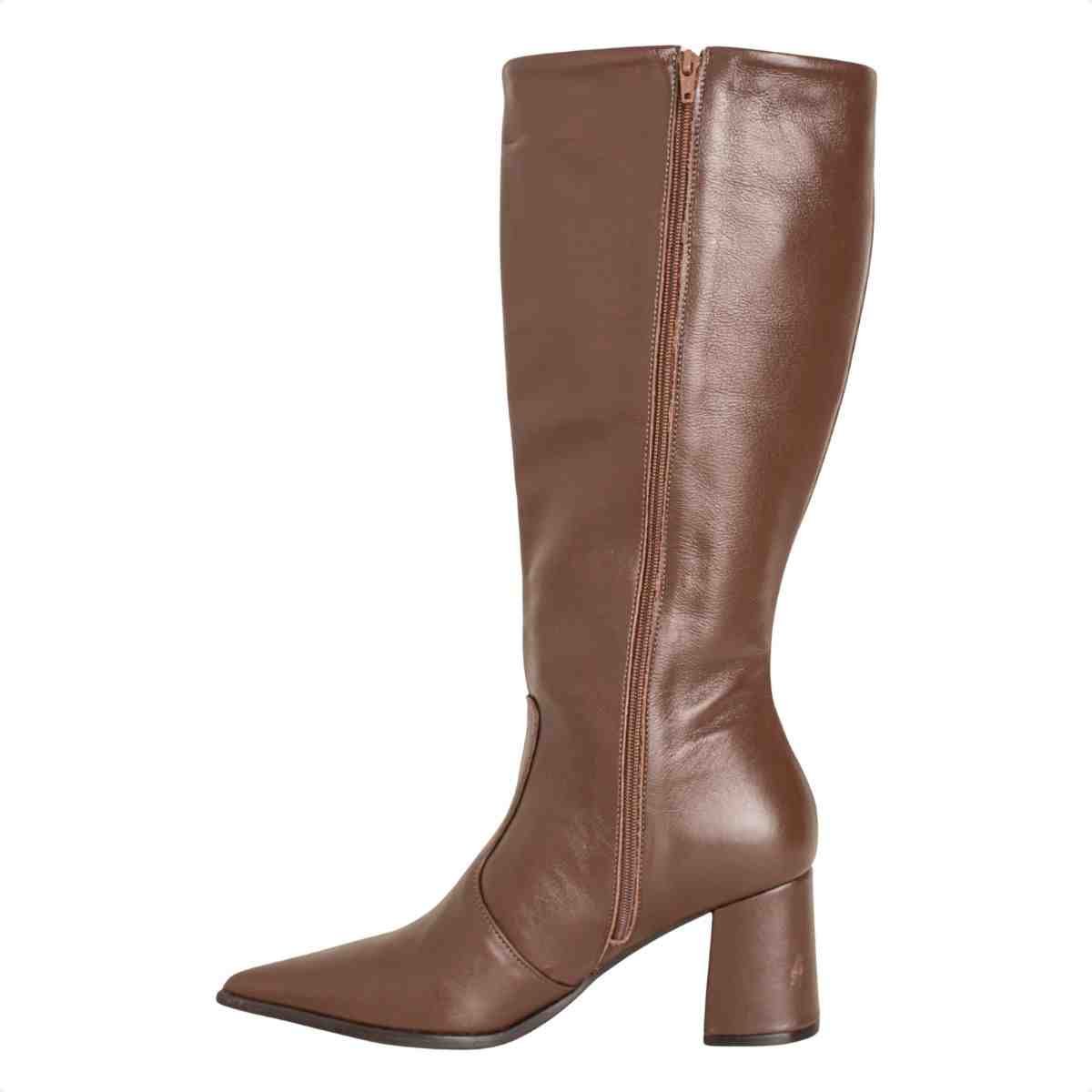 Bota Feminina Dm Cano Alto Em Couro Com Salto Bloco E Bico Fino Veneto Brown Marrom 5
