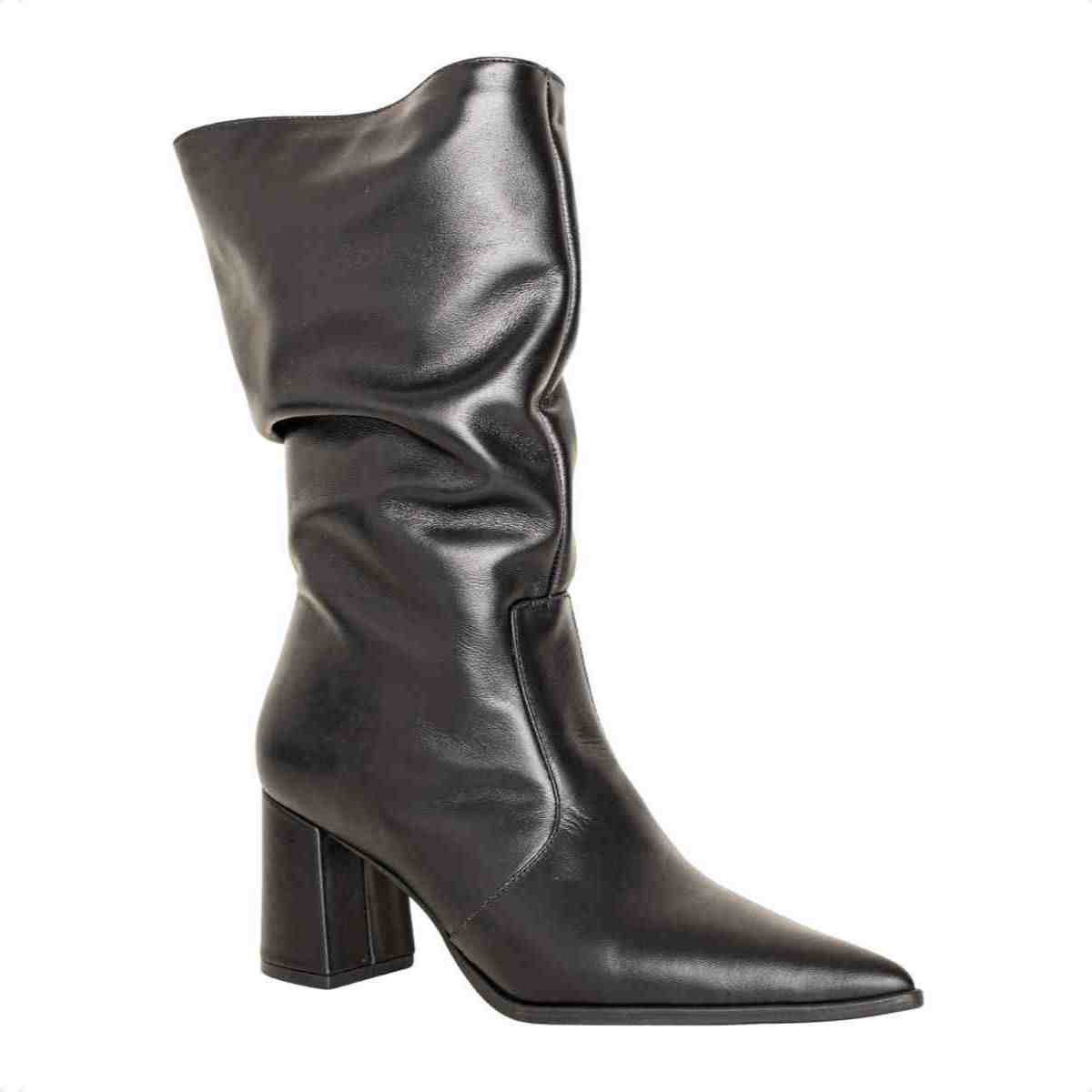 Bota Feminina Dm Cano Alto Em Couro Com Salto Bloco E Bico Fino Veneto Preto Preto 2