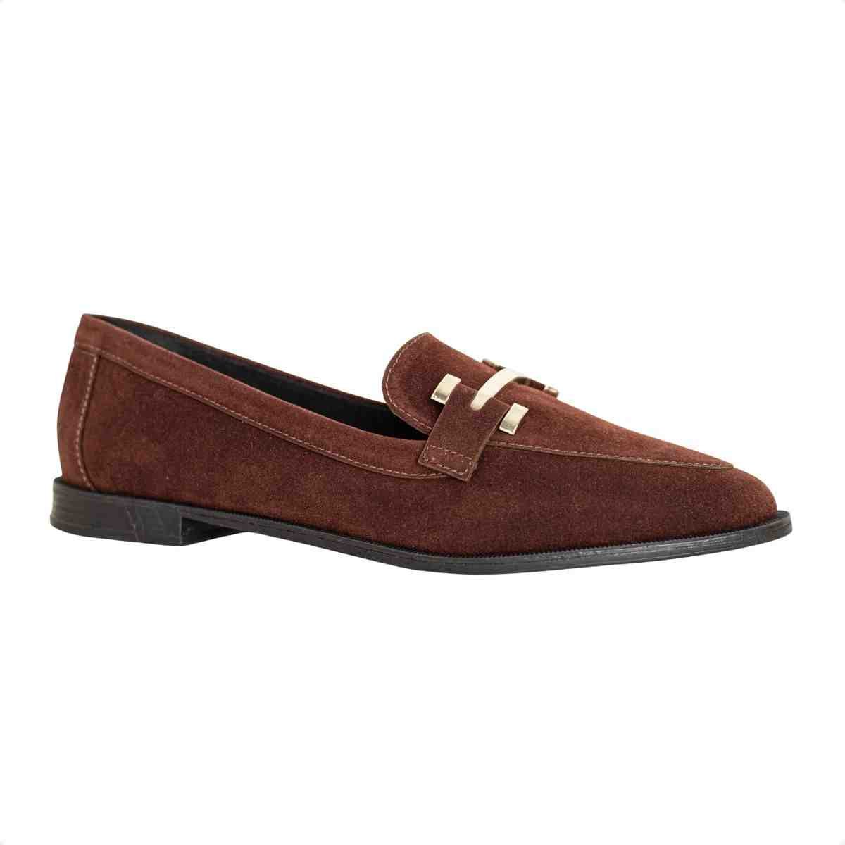 Mocassim Feminino Dm Em Camurça Com Aplique Dourado Terra Marrom 2