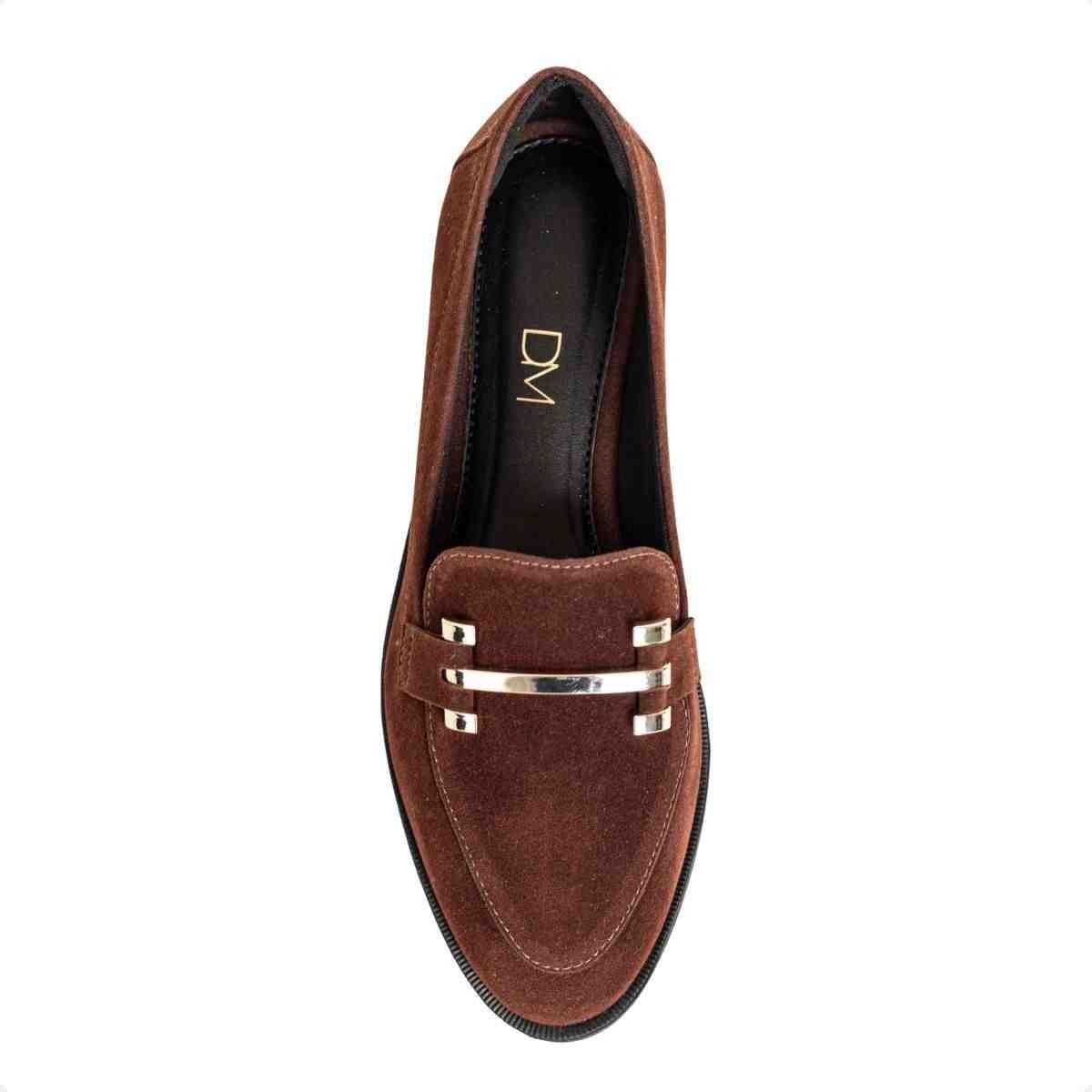 Mocassim Feminino Dm Em Camurça Com Aplique Dourado Terra Marrom 6