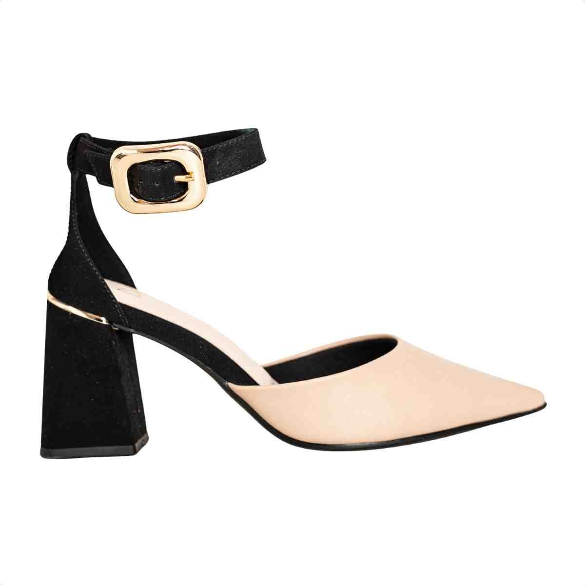 Scarpin Feminino Dm Bicolor Salto Bloco Nude E Preto