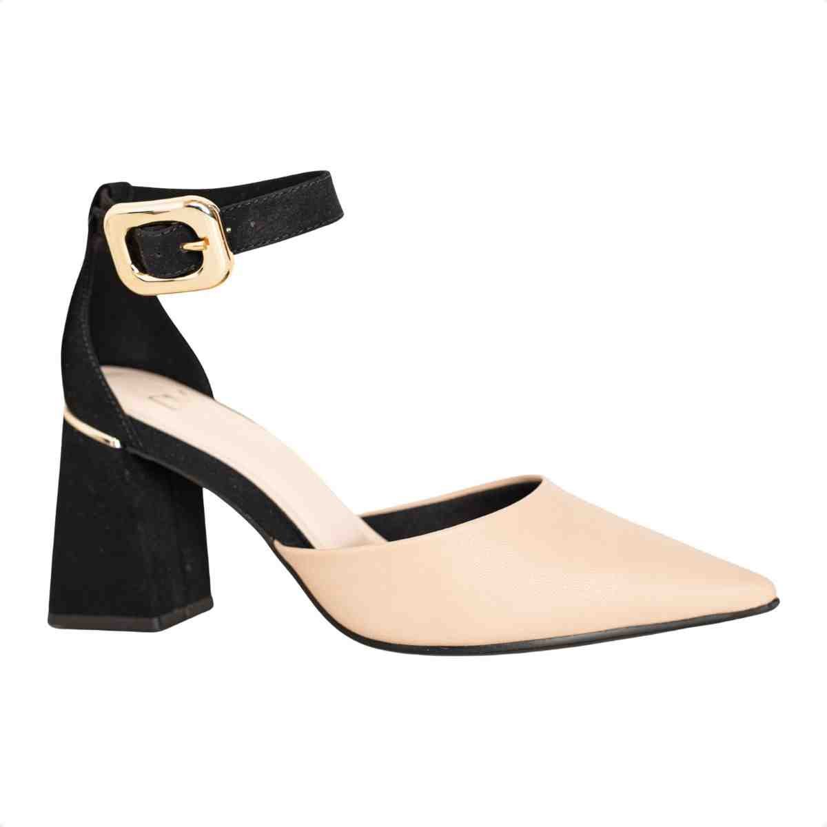 Scarpin Feminino Dm Bicolor Salto Bloco Nude E Preto Preto/Bege 2