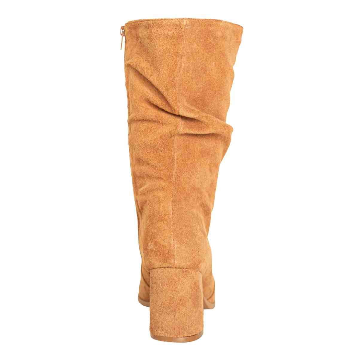 Bota Feminina Dm Cano Alto Camurça Com Salto Bloco E Bico Fino Wellour Caramelo Caramelo 4