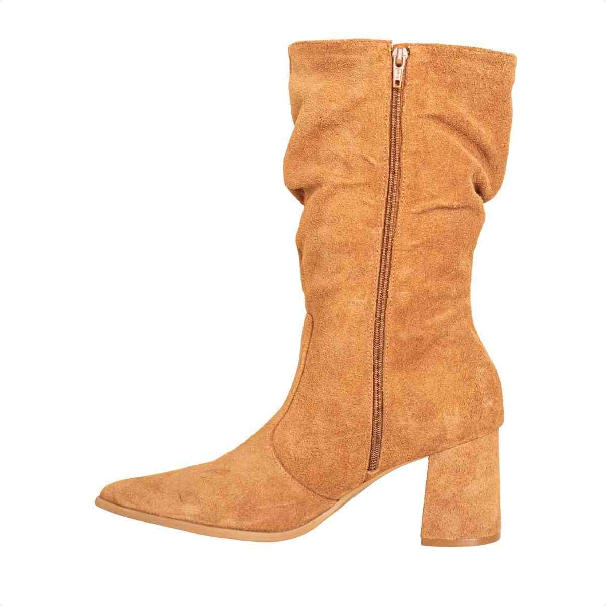 Bota Feminina Dm Cano Alto Camurça Com Salto Bloco E Bico Fino Wellour Caramelo Caramelo 5