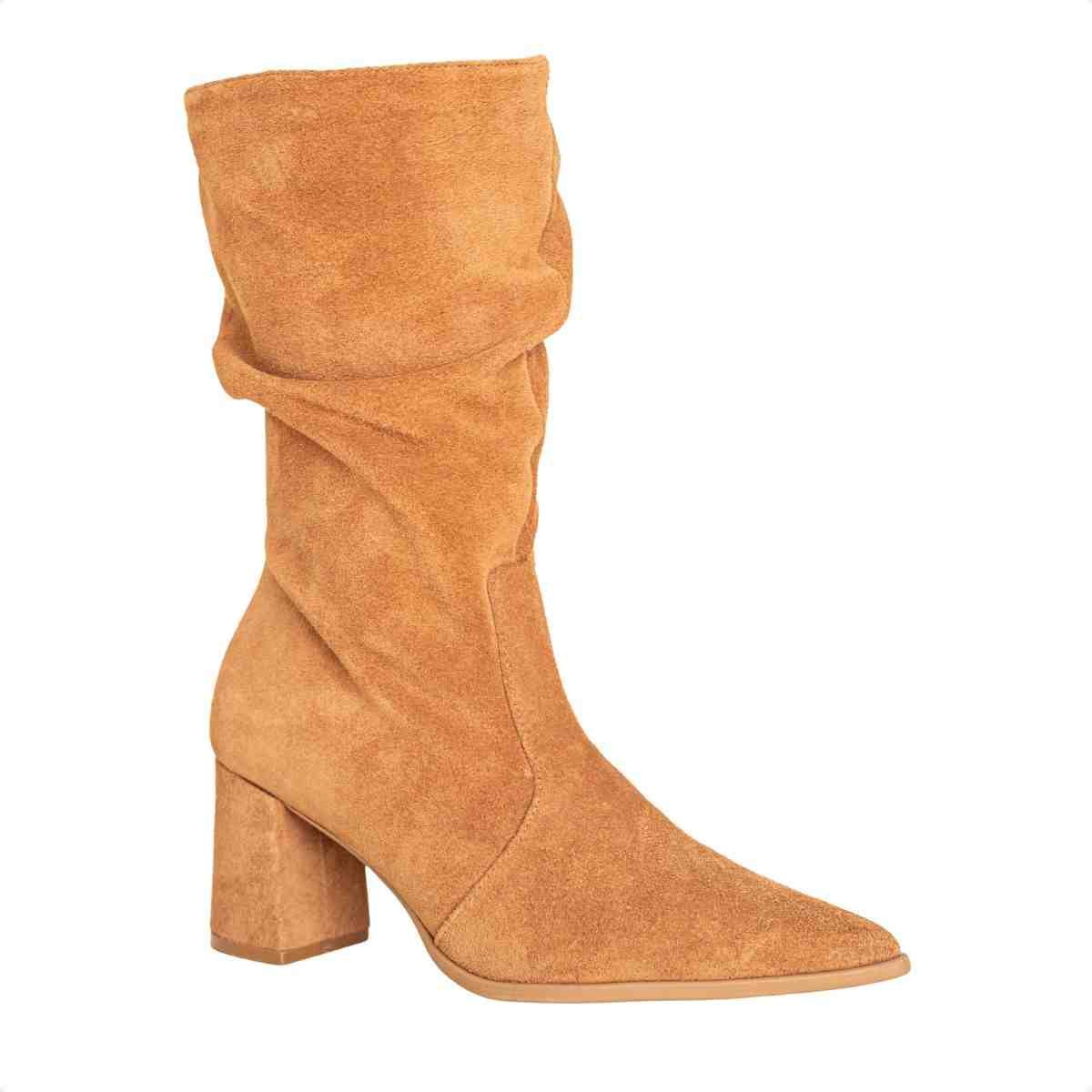 Bota Feminina Dm Cano Alto Camurça Com Salto Bloco E Bico Fino Wellour Caramelo Caramelo 2