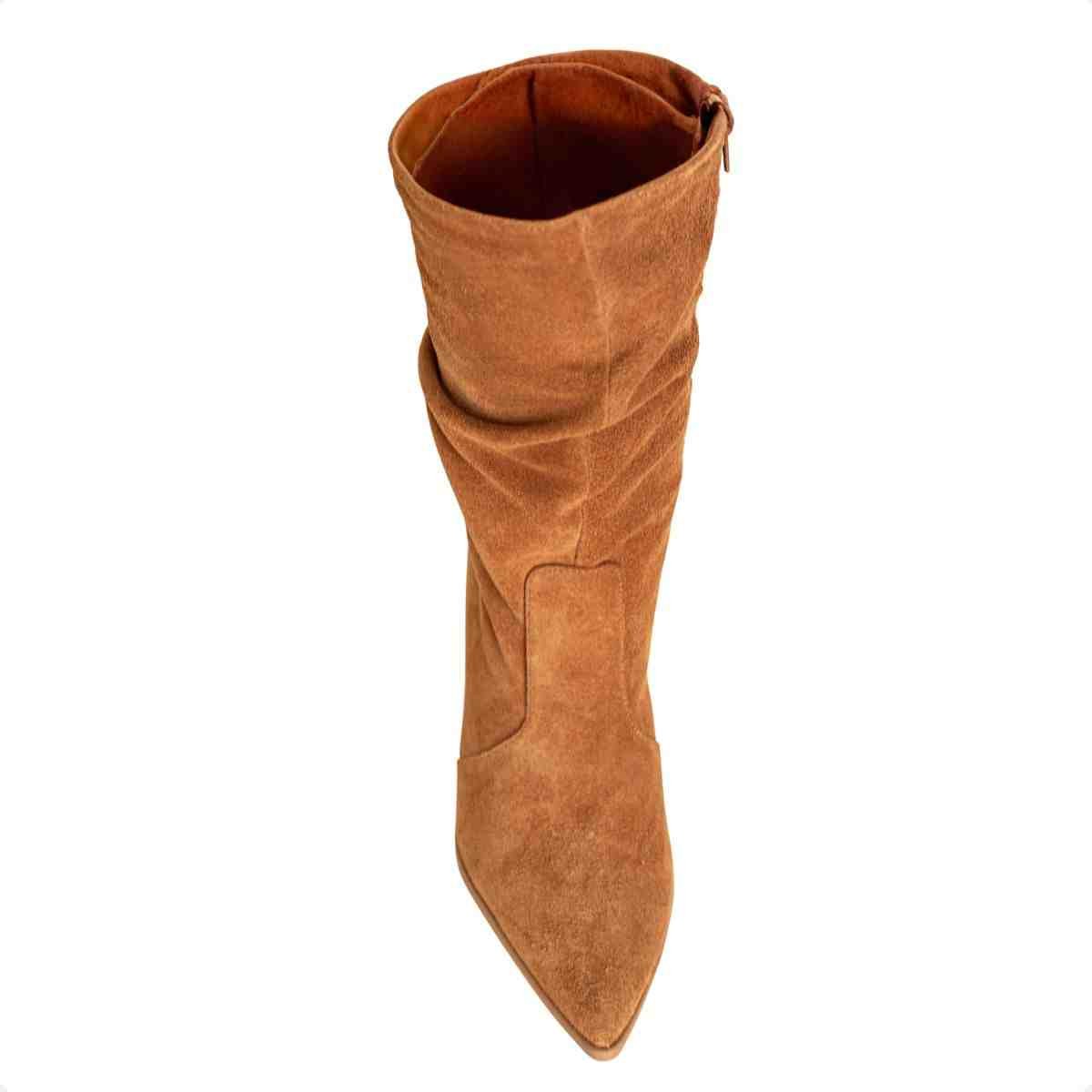 Bota Feminina Dm Cano Alto Camurça Com Salto Bloco E Bico Fino Wellour Caramelo Caramelo 6