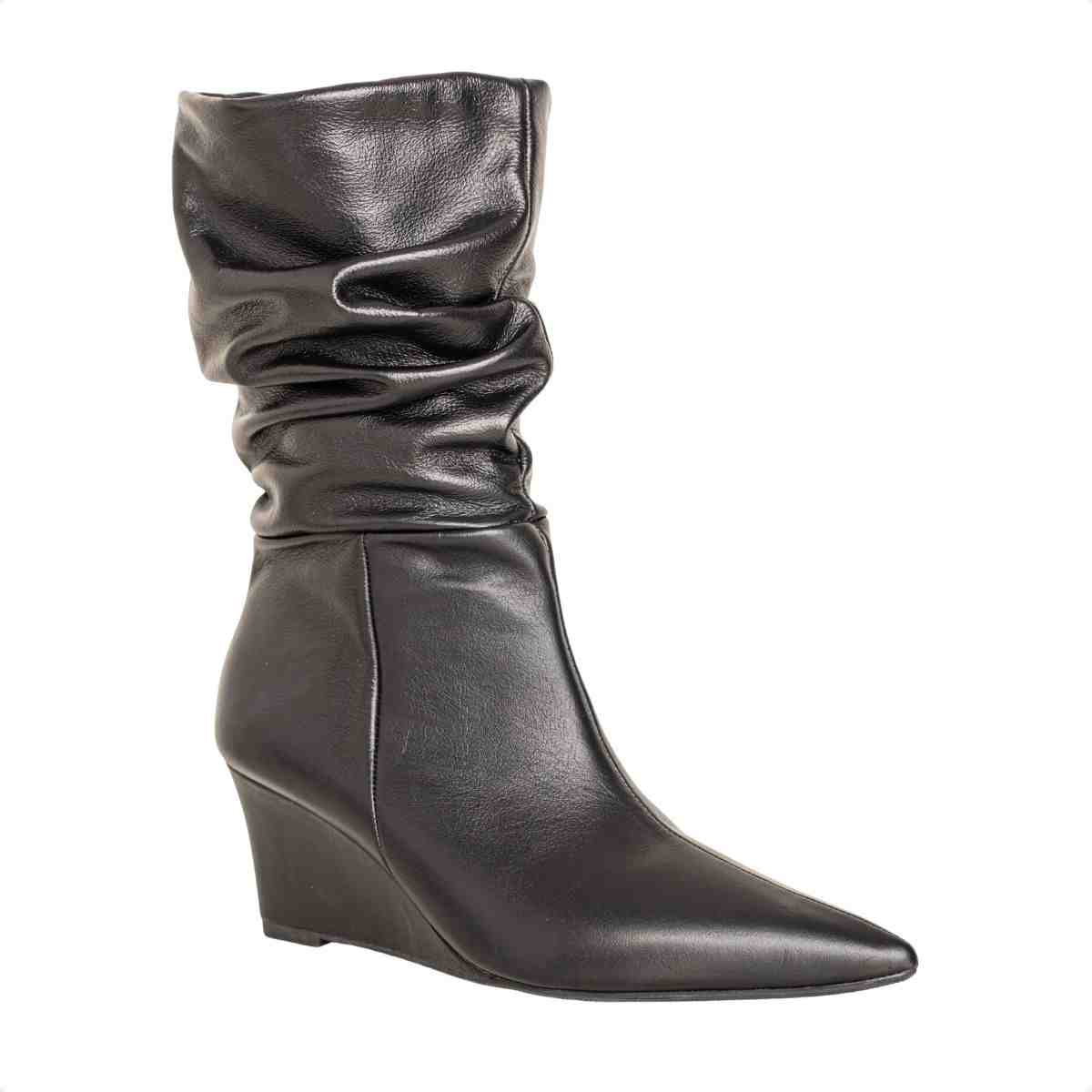 Bota Feminina Dm Cano Alto Em Couro Com Salto Anabela Preta Preto 2