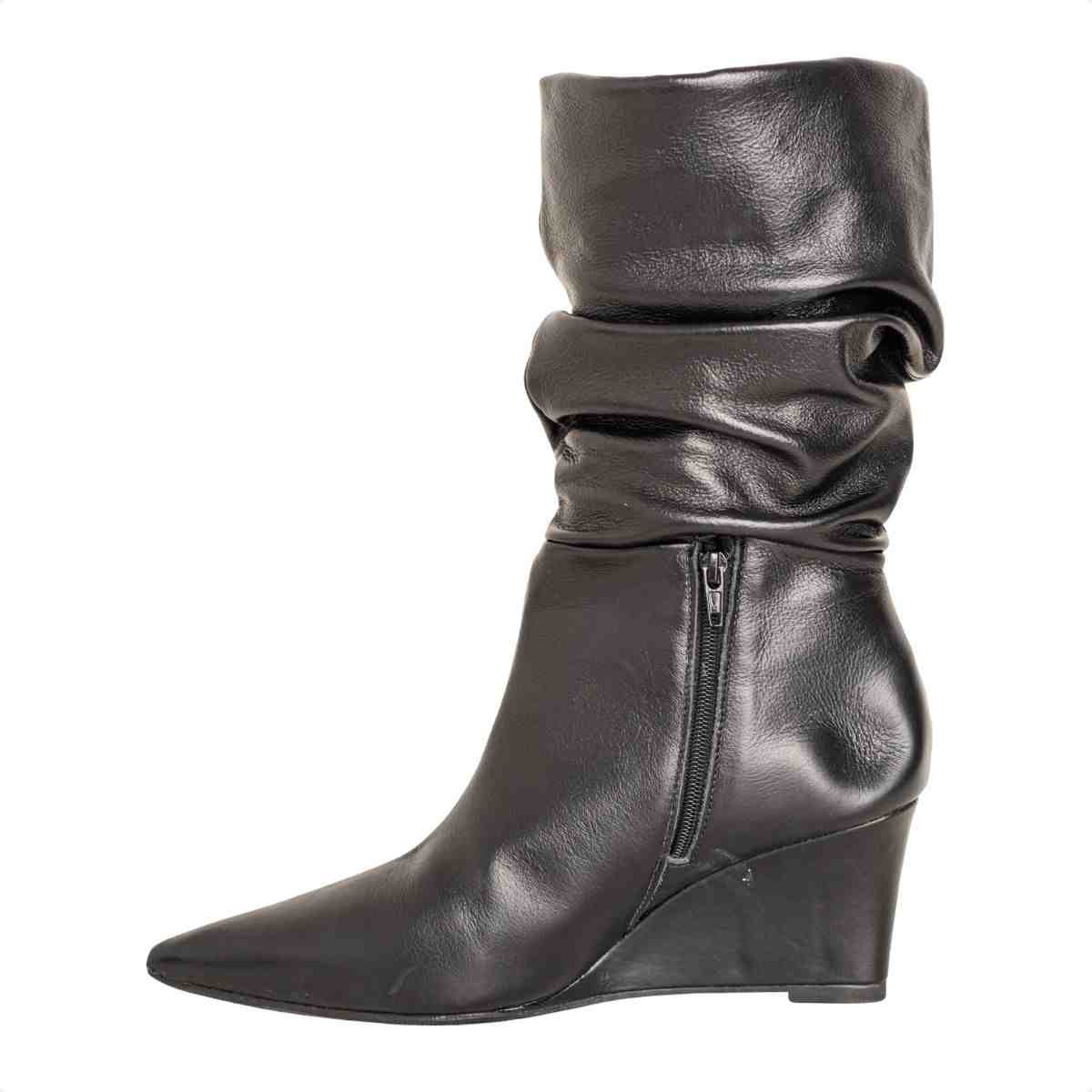 Bota Feminina Dm Cano Alto Em Couro Com Salto Anabela Preta Preto 5