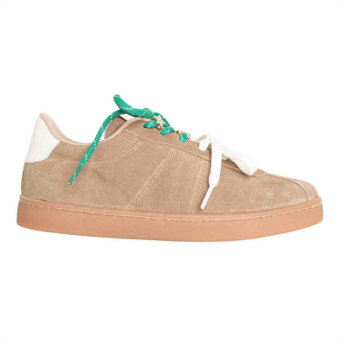 Tênis Feminino Casual Dm Chuteira Em Couro Suede Taupe