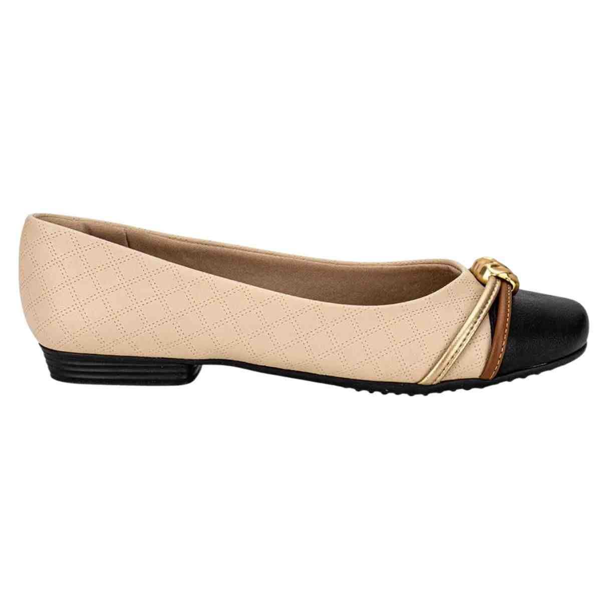 Sapatilha Feminina Bico Quadrado Piccadilly Bege Preto