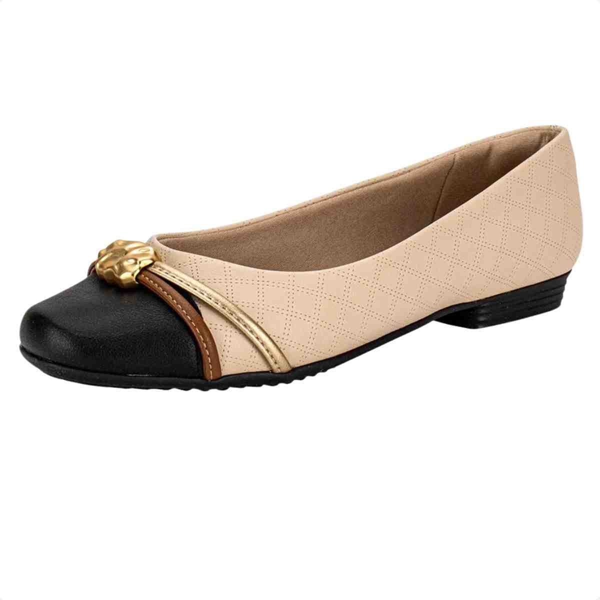 Sapatilha Feminina Bico Quadrado Piccadilly Bege Preto Bege 2