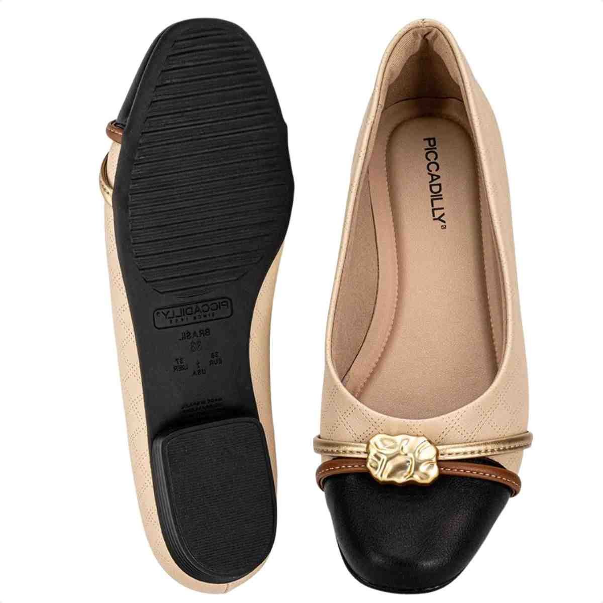 Sapatilha Feminina Bico Quadrado Piccadilly Bege Preto Bege 3