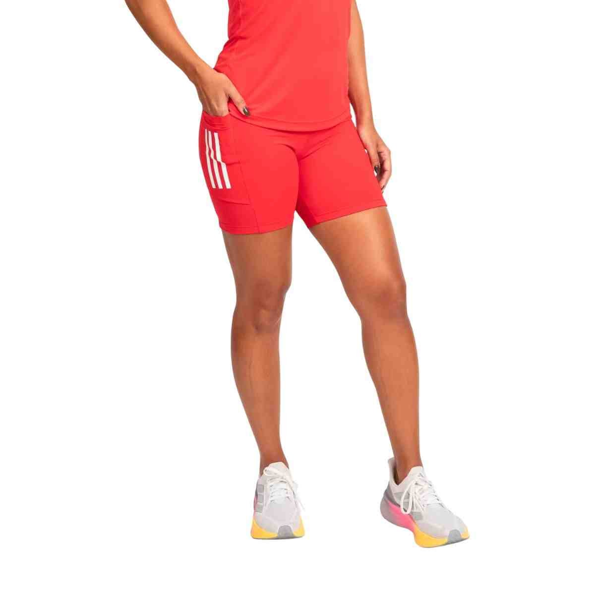 Shorts Feminino Curto Adidas 3 Listras Com Bolso Vermelho