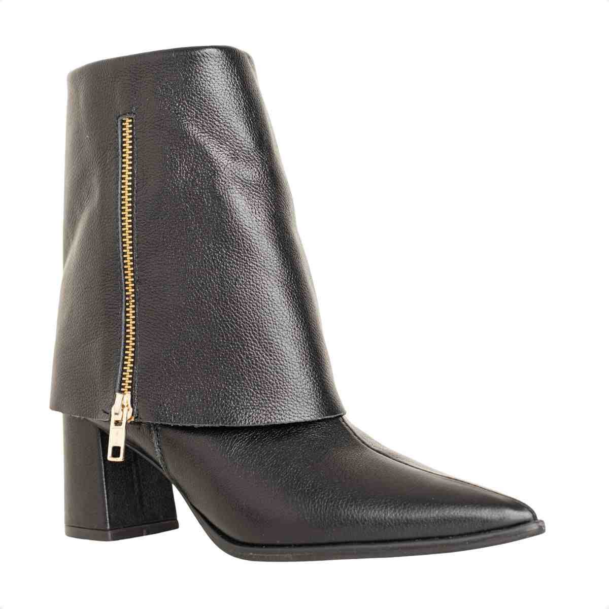 Bota Feminina Dm Em Couro Preta Com Capa E Salto Bloco Preto 2