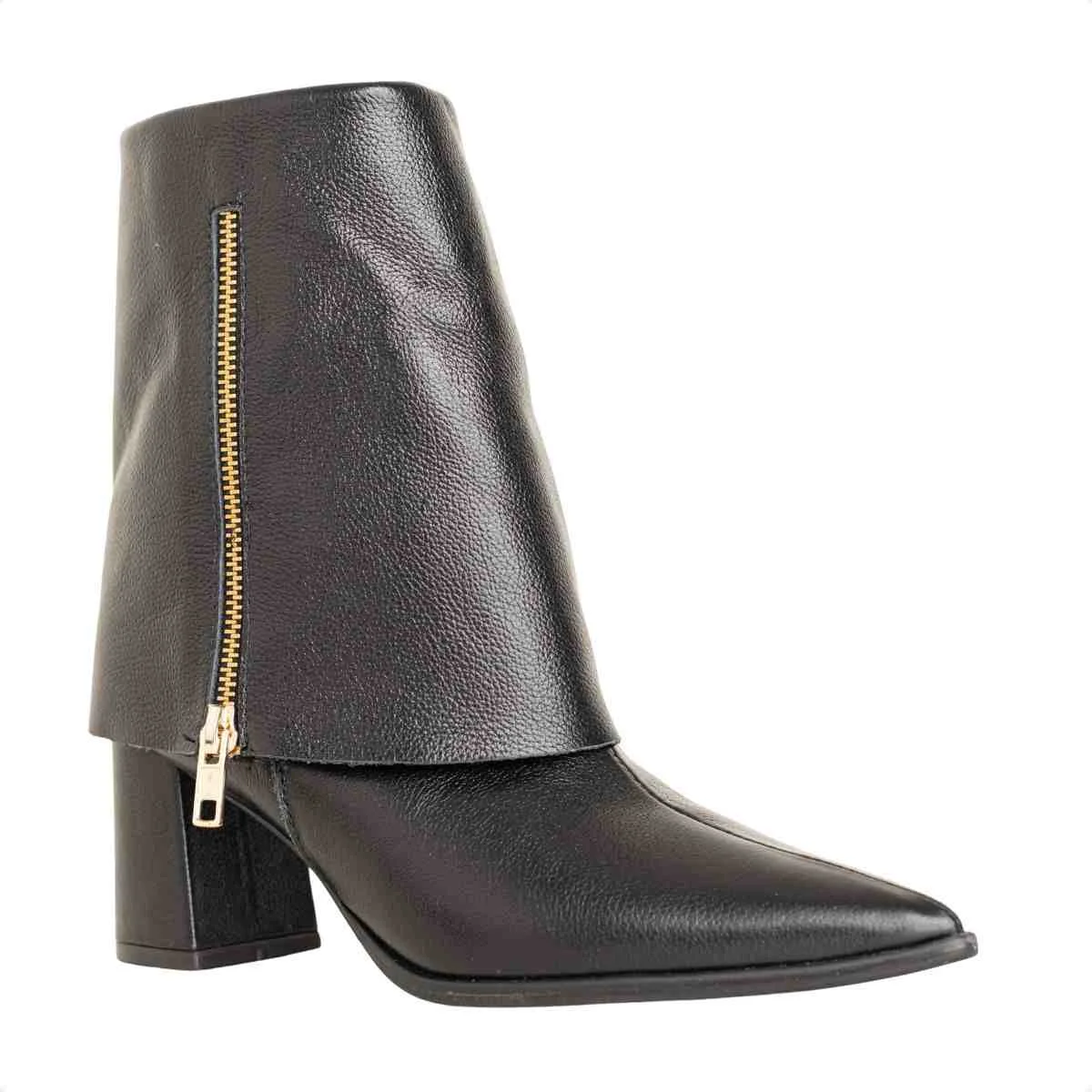 Bota Feminina Dm Em Couro Preta Com Capa E Salto Bloco Preto 2
