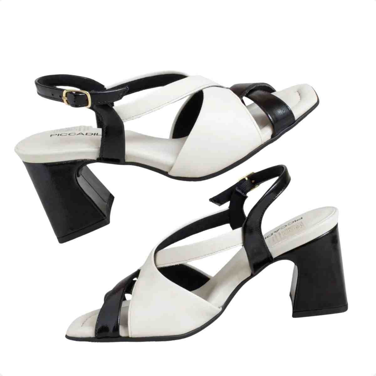 Sandália Feminina Salto Bloco Piccadilly Preto Branco Preto/Branco 7