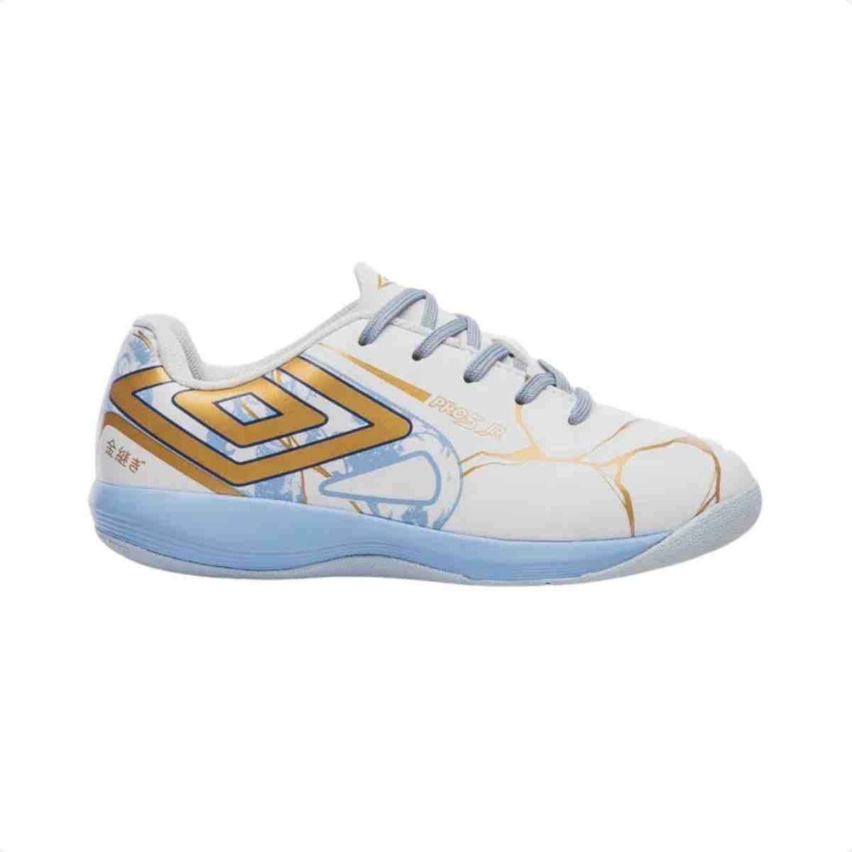 Chuteira Indoor Infantil Umbro Pro 5 Jr Kintsugi Branco E Dourado