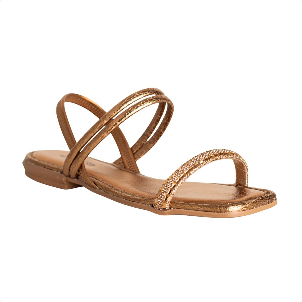Sandália Rasteira Metalizada Com Strass Bronze 2