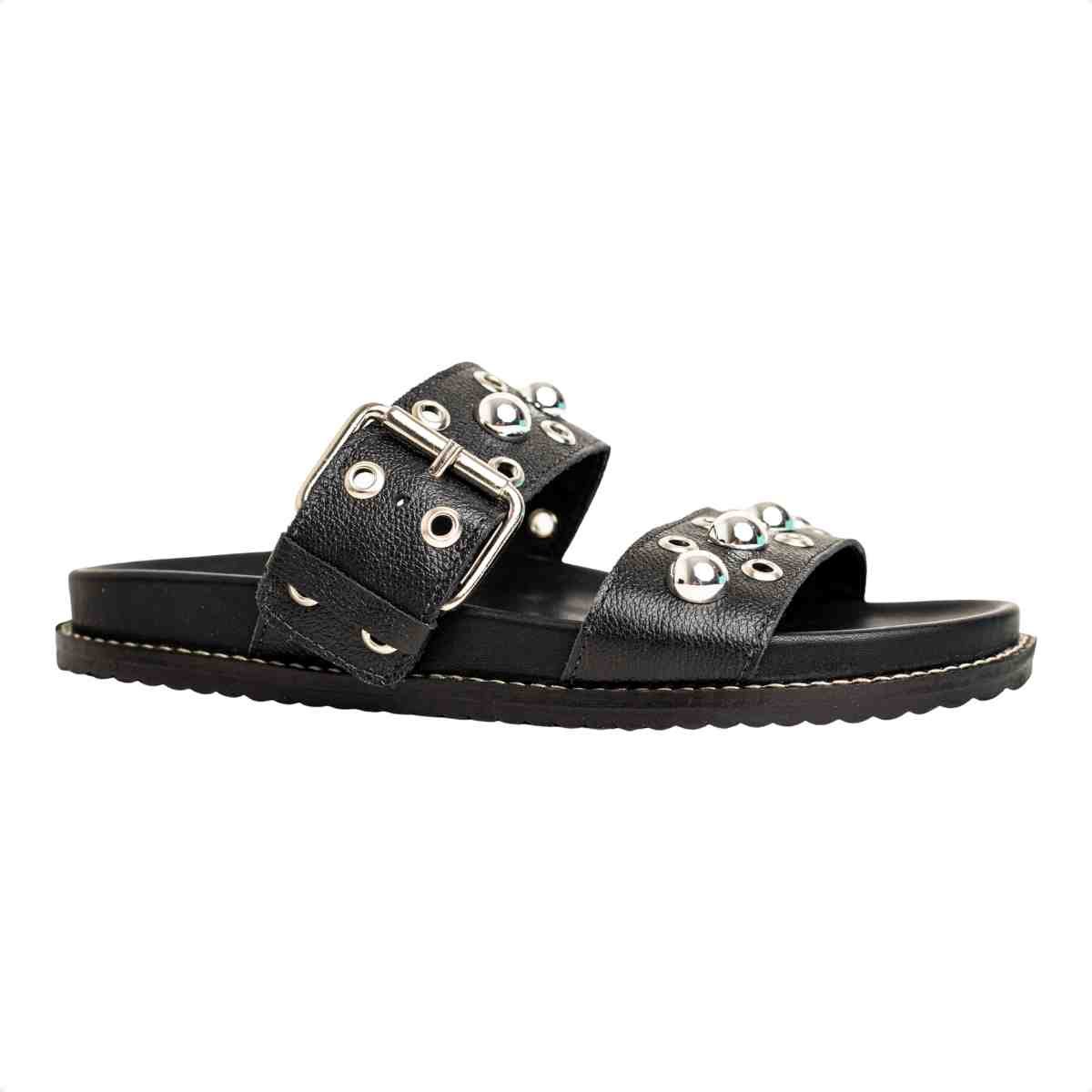Papete Flat Feminina Mini Bolas Kami Dm Couro Preta