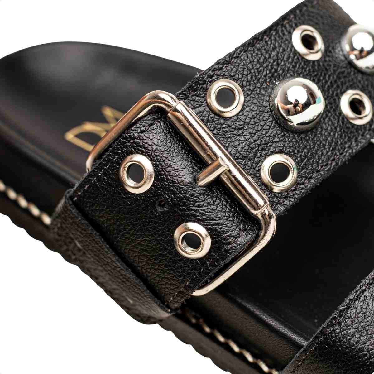 Papete Flat Feminina Mini Bolas Kami Dm Couro Preta Preto/Prata 2