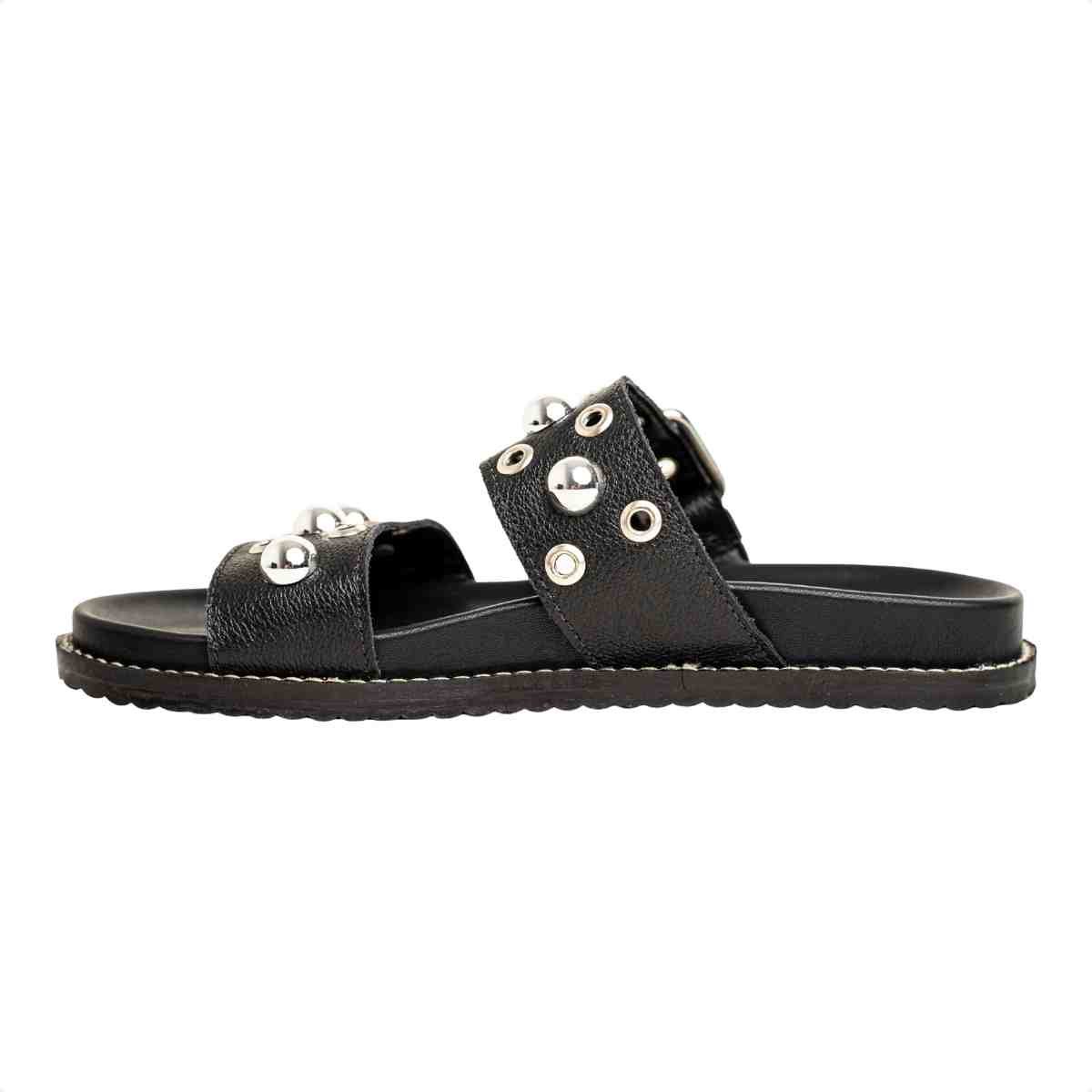Papete Flat Feminina Mini Bolas Kami Dm Couro Preta Preto/Prata 4