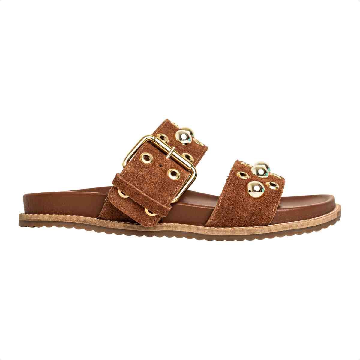 Papete Flat Feminina Mini Bolas Kami Dm Camurça Caramelo