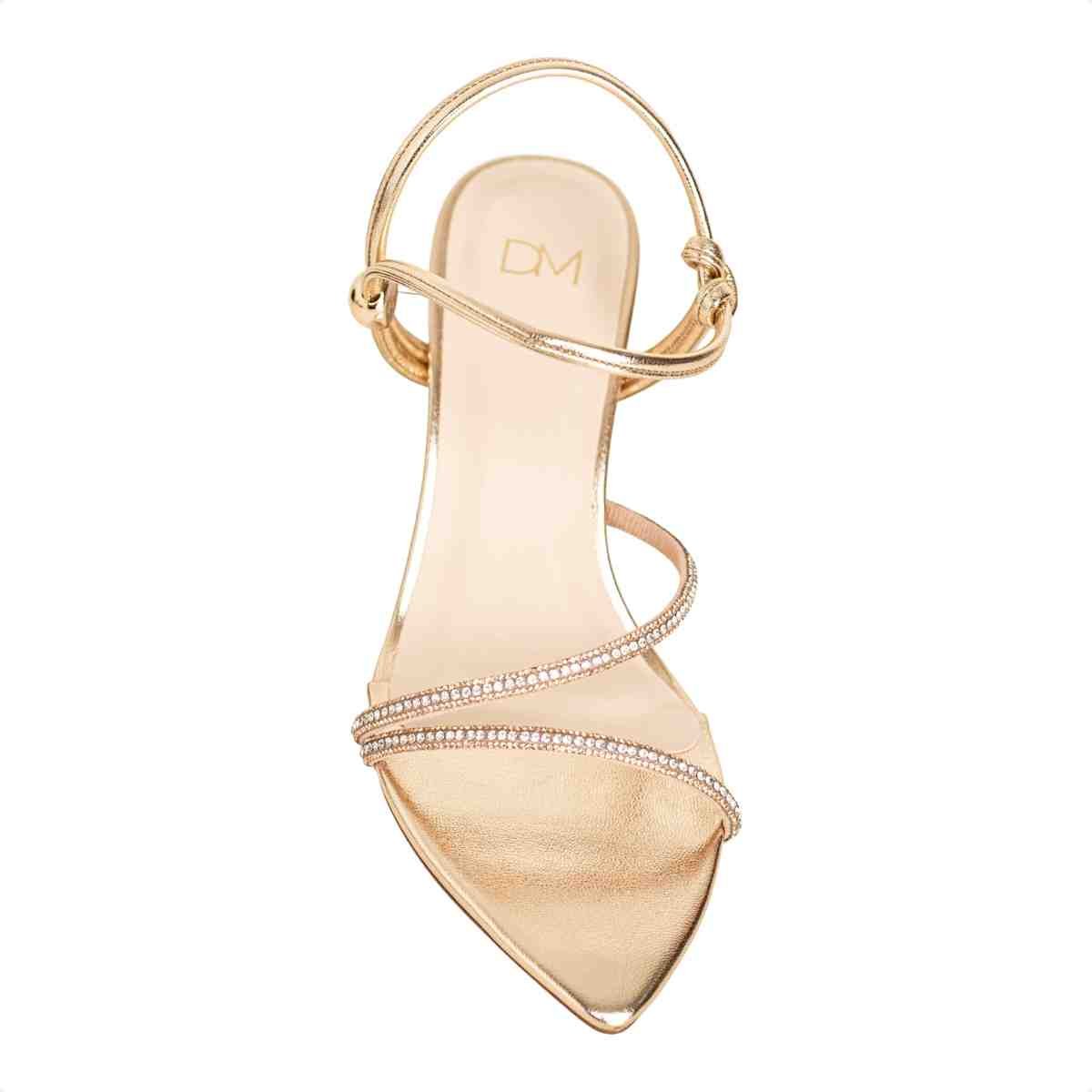 Sandália Feminina Salto Fino Bico Folha Strass Luna Dm Napa Dourada Dourado 6