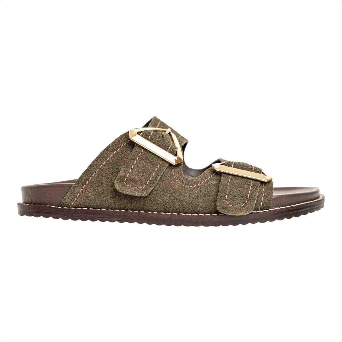 Papete Flat Feminina Fivela Thami Dm Camurça Musgo