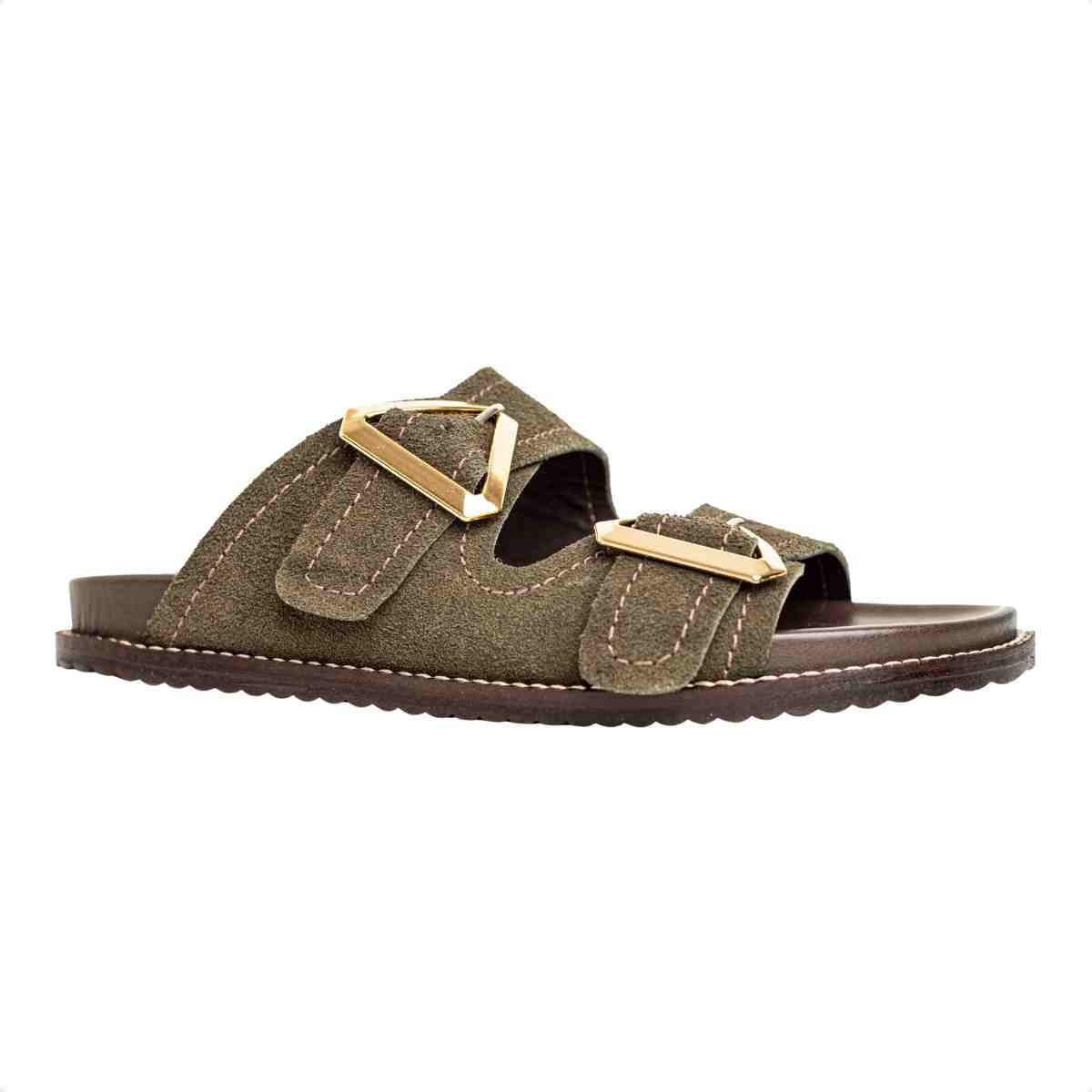 Papete Flat Feminina Fivela Thami Dm Camurça Musgo Verde/Marrom 2
