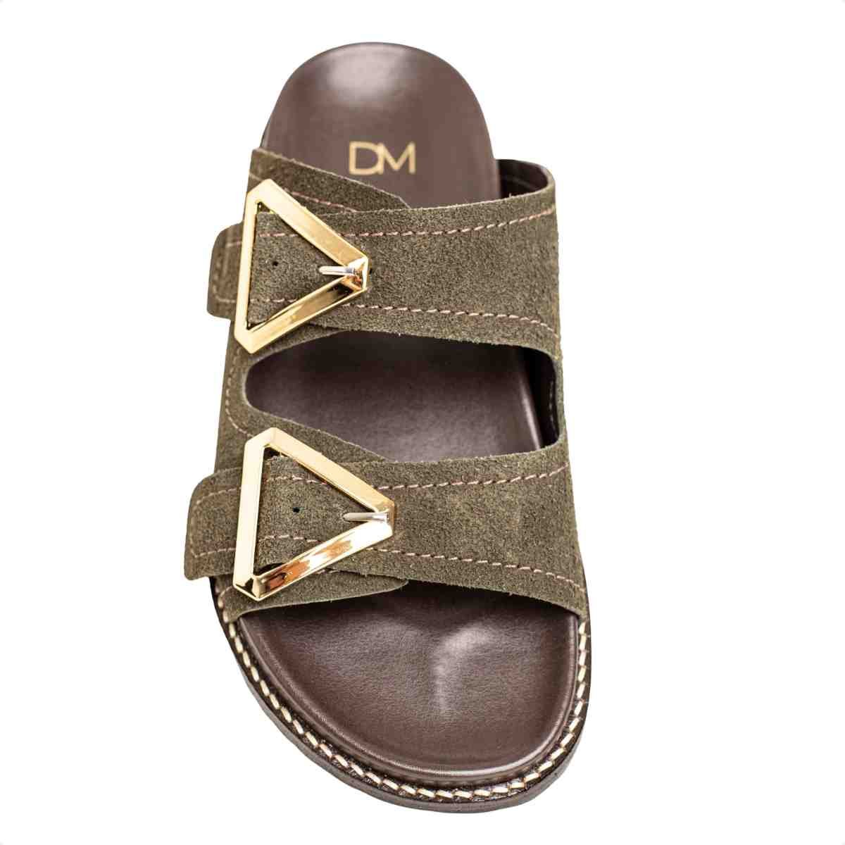 Papete Flat Feminina Fivela Thami Dm Camurça Musgo Verde/Marrom 6