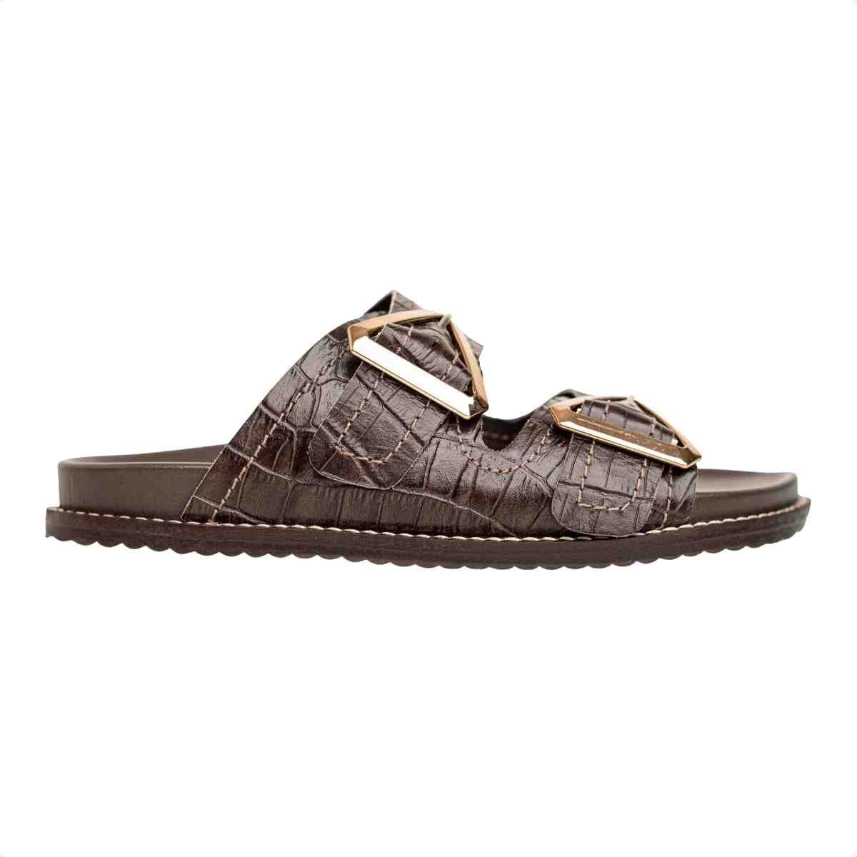 Papete Flat Feminina Croco Fivela Thami Dm Couro Café