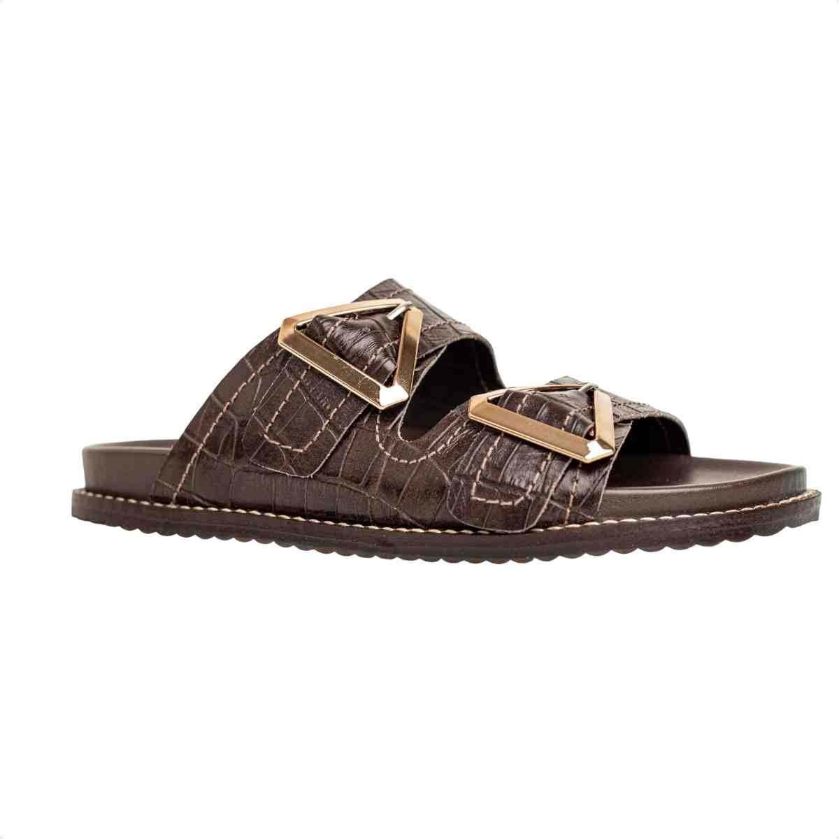 Papete Flat Feminina Croco Fivela Thami Dm Couro Café Marrom 2