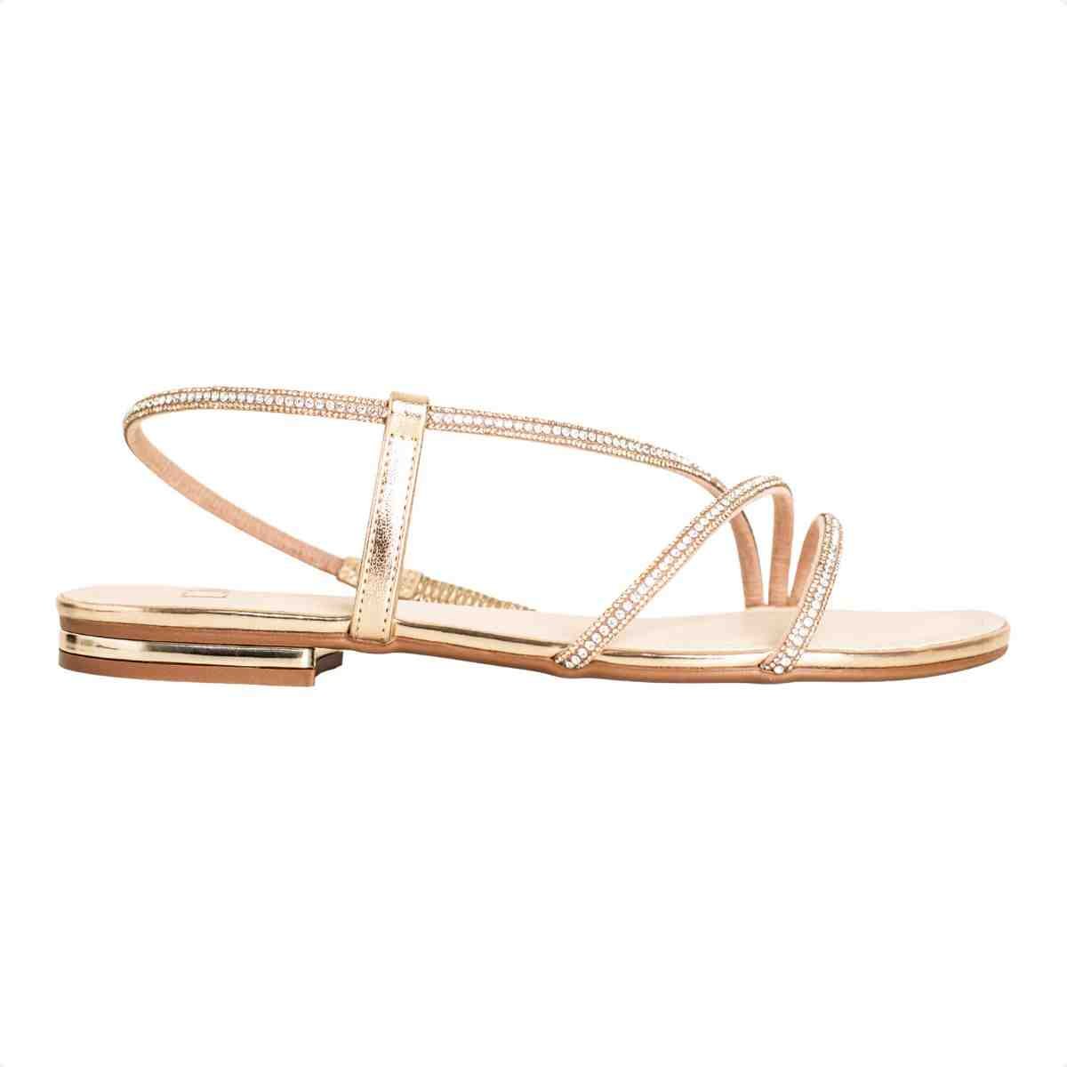 Sandália Feminina Salto Bloco Flat Serena Strass Dm Napa Dourada