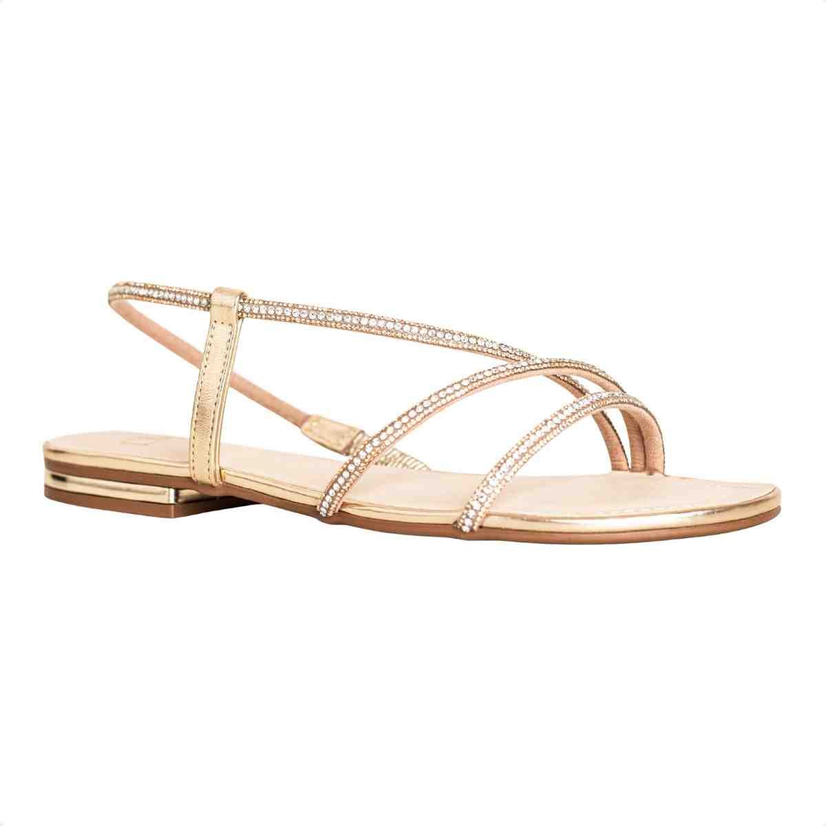 Sandália Feminina Salto Bloco Flat Serena Strass Dm Napa Dourada Dourado 2