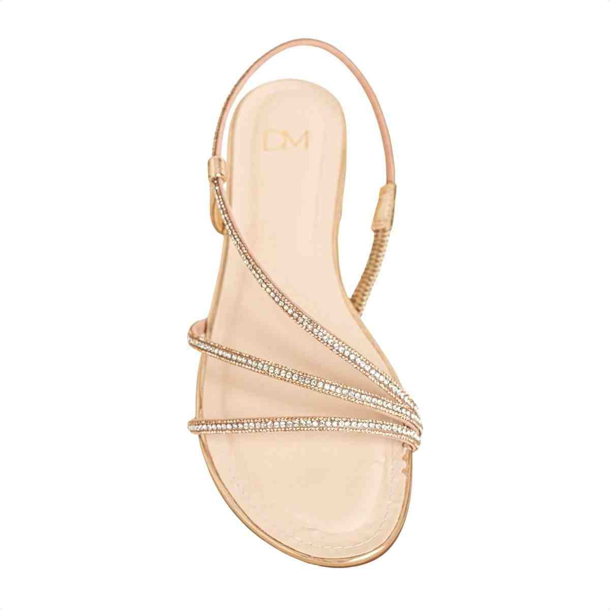 Sandália Feminina Salto Bloco Flat Serena Strass Dm Napa Dourada Dourado 6