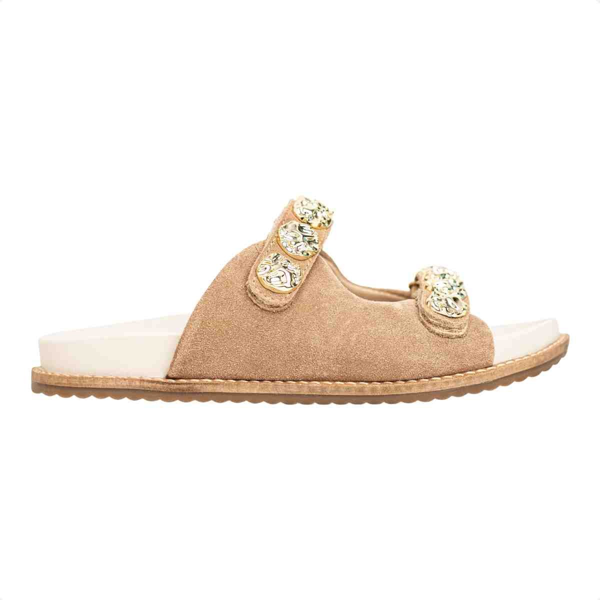 Papete Flat Feminina Velcro Aplique Jenni Dm Camurça Bege