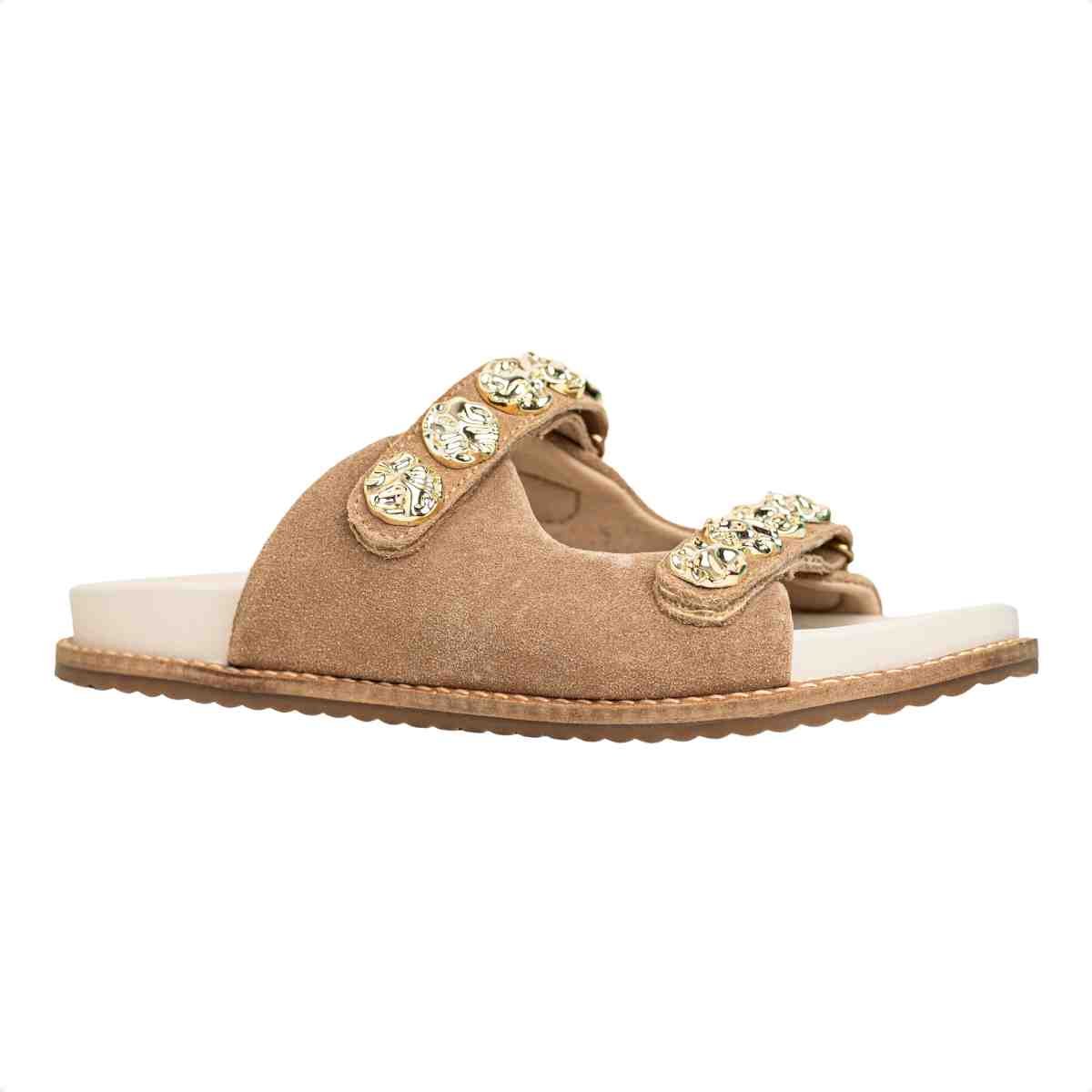 Papete Flat Feminina Velcro Aplique Jenni Dm Camurça Bege Bege 2
