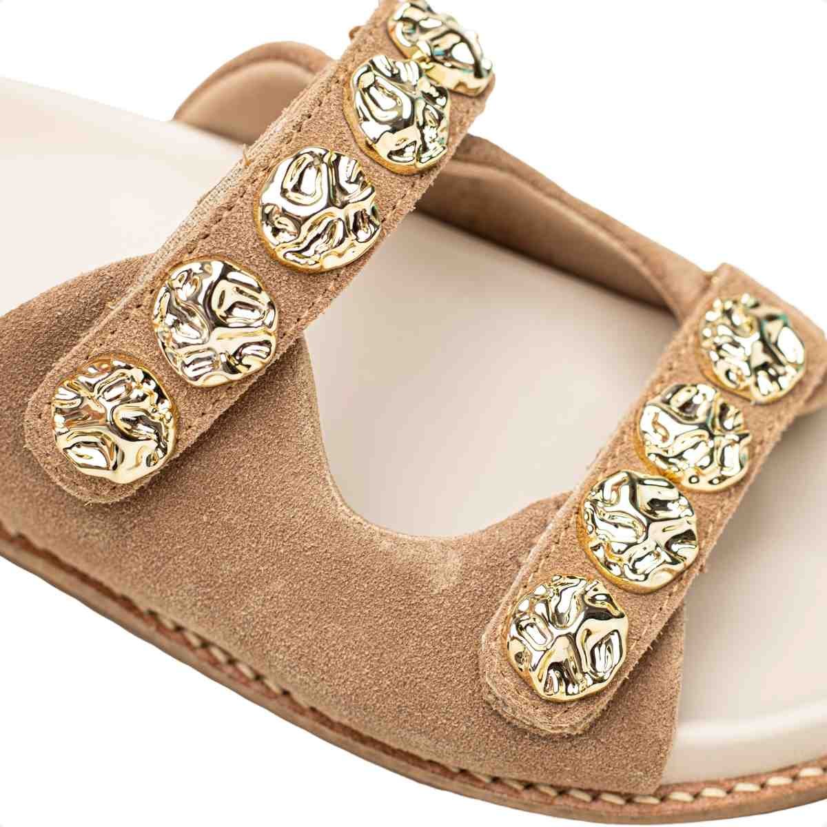 Papete Flat Feminina Velcro Aplique Jenni Dm Camurça Bege Bege 3