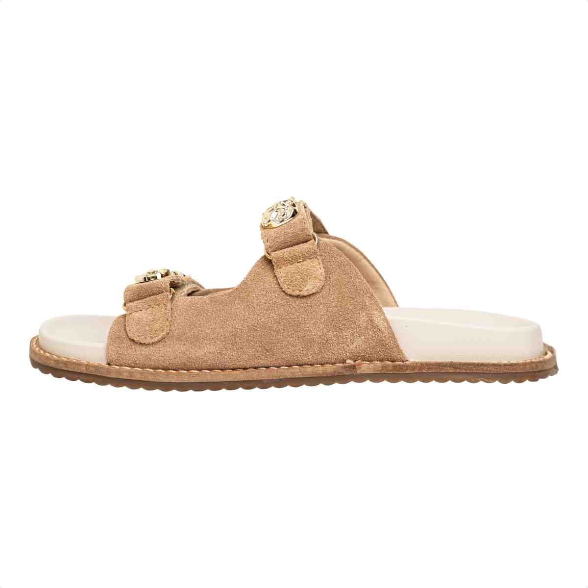 Papete Flat Feminina Velcro Aplique Jenni Dm Camurça Bege Bege 5