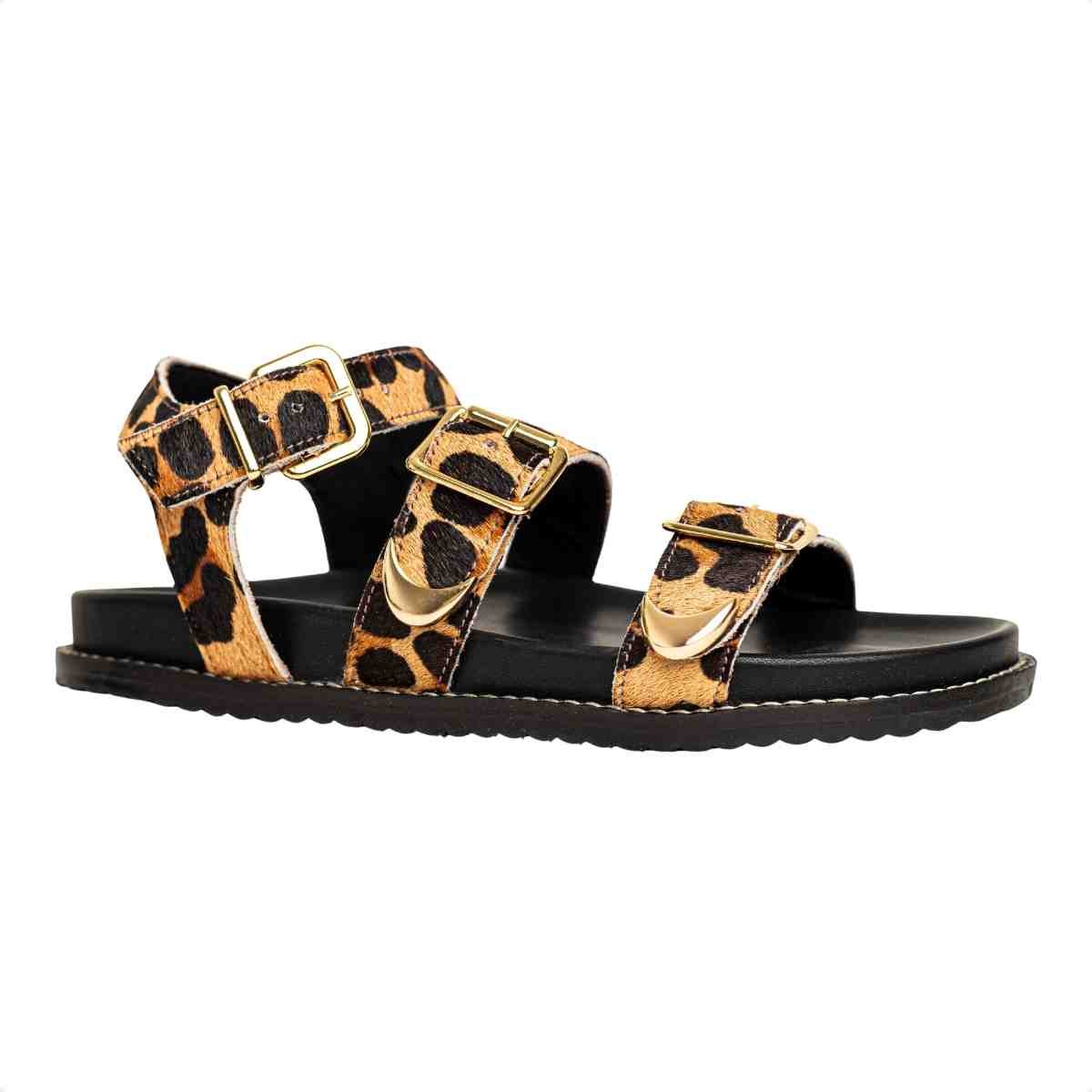 Sandália Feminina Papete Animal Print Sara Dm Couro Bege/Preto 2