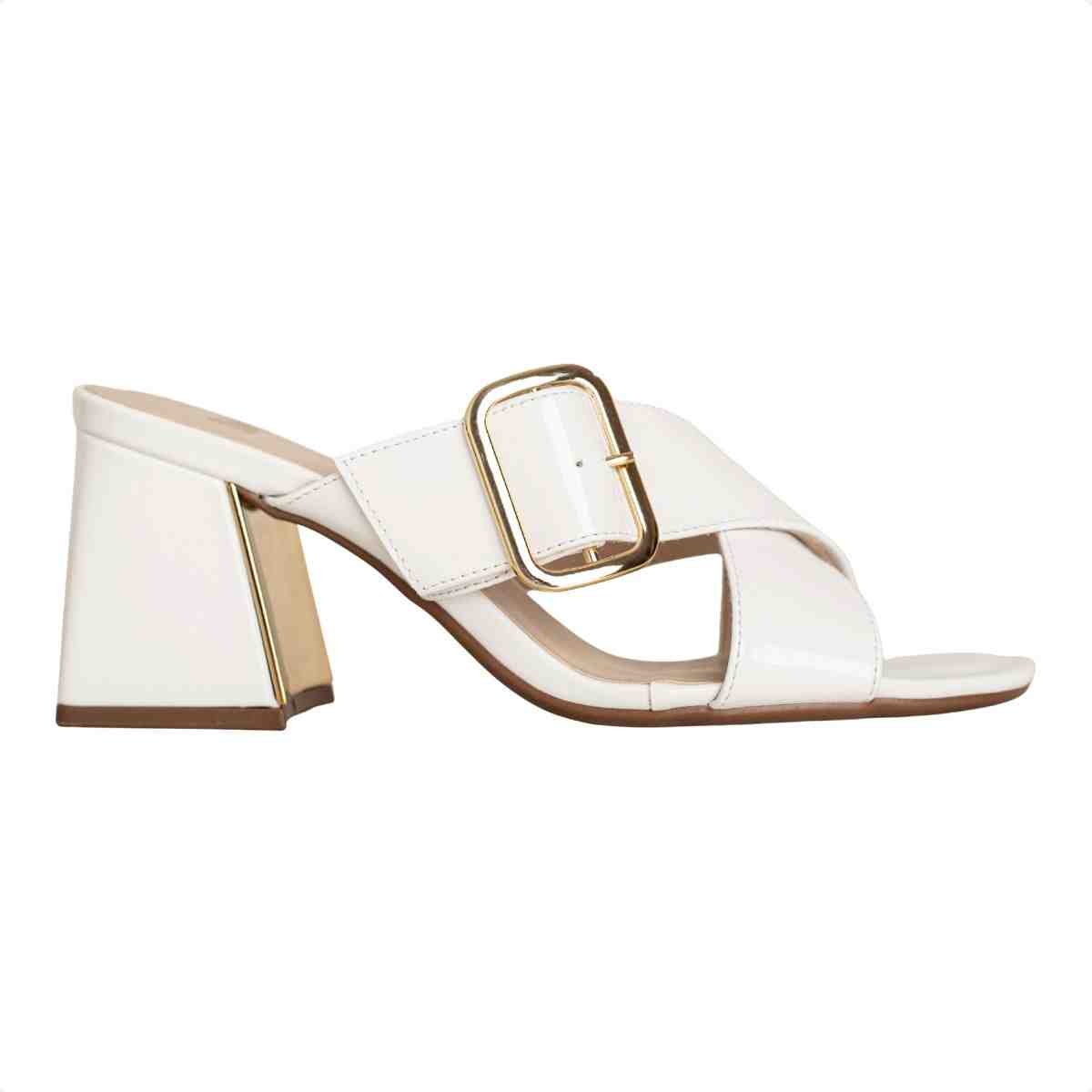 Tamanco Feminino Salto Bloco Charlotte Fivela Dm Verniz Branco