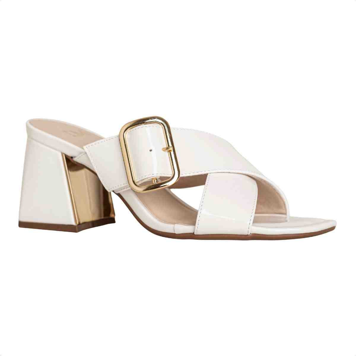 Tamanco Feminino Salto Bloco Charlotte Fivela Dm Verniz Branco Branco 2