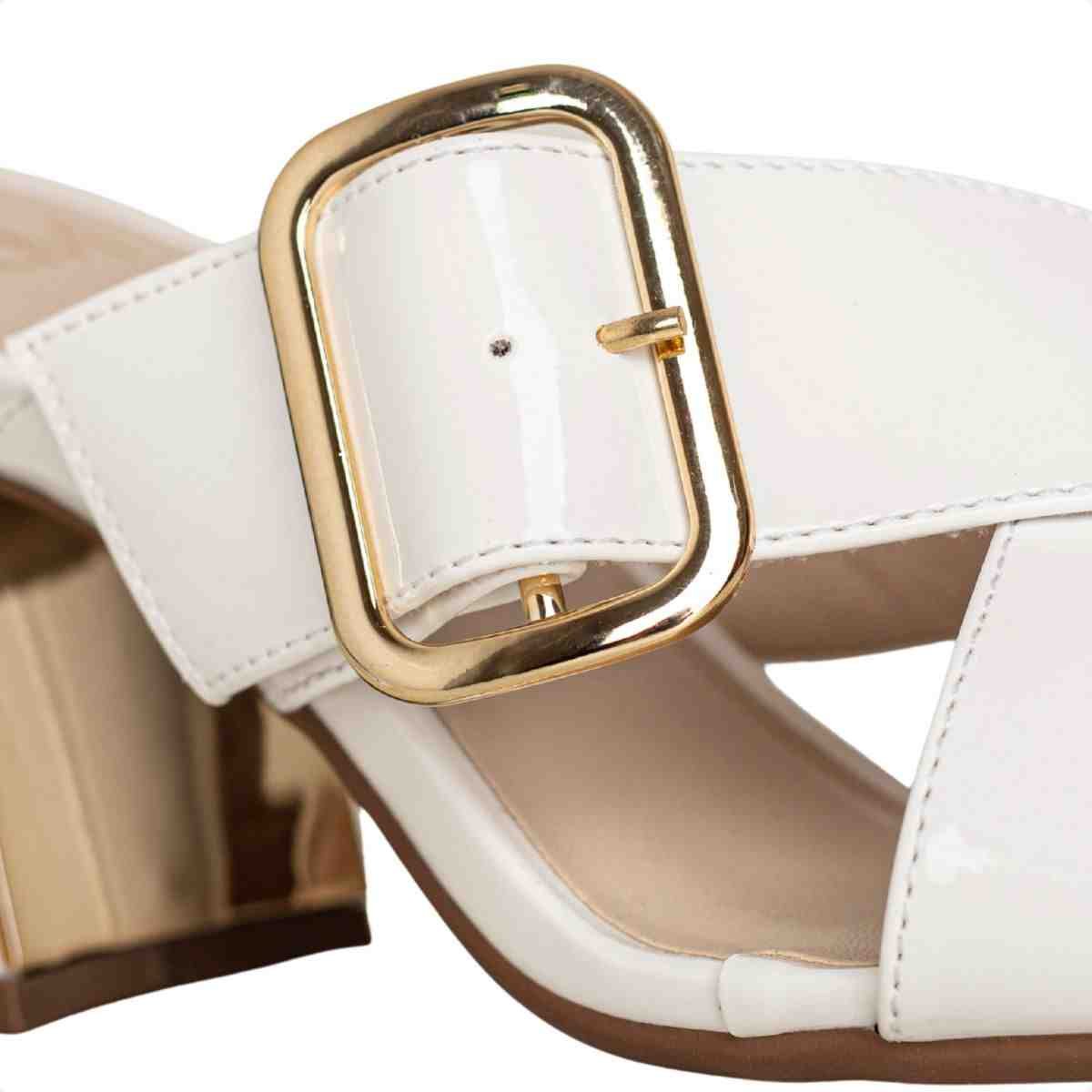 Tamanco Feminino Salto Bloco Charlotte Fivela Dm Verniz Branco Branco 3