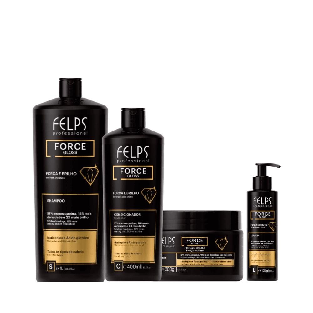 Kit Force Gloss ( Força e Brilho ) Shampoo 1L + Cond 400ml + Máscara 300g + Leave-in 120ml - Felps Professional