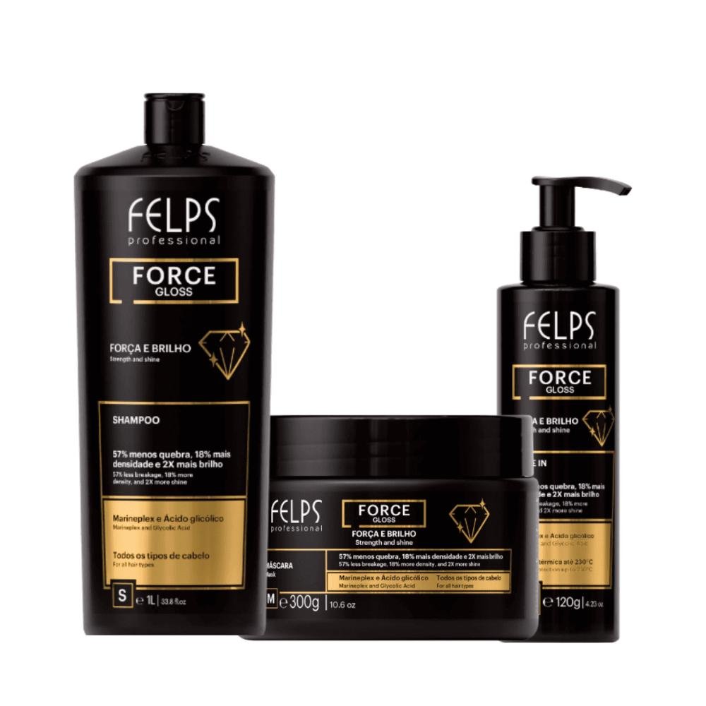 Kit Force Gloss ( Força e Brilho ) Shampoo 1L + Máscara 300g + Leave-in 120ml - Felps Professional