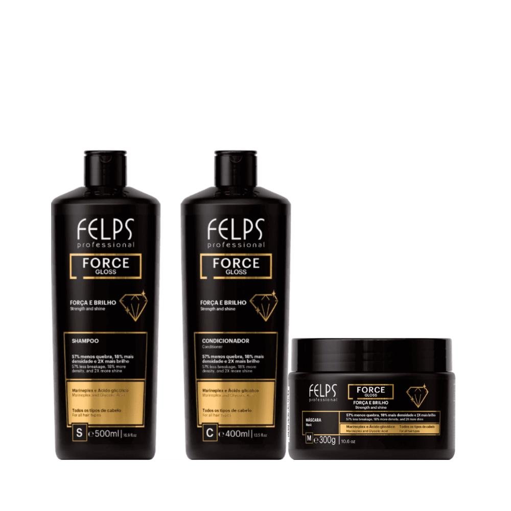 Kit Force Gloss ( Força e Brilho ) Shampoo 500ml + Condicionador 400ml  + Máscara 300g - Felps Professional