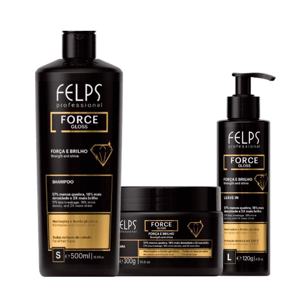 Kit Force Gloss ( Força e Brilho ) Shampoo 500ml + Máscara 300g + Leave-in 120ml - Felps Professional