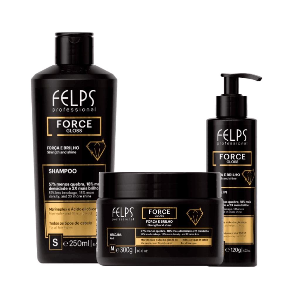 Kit Force Gloss ( Força e Brilho ) Shampoo 250ml + Máscara 300g + Leave-in 120ml - Felps Professional