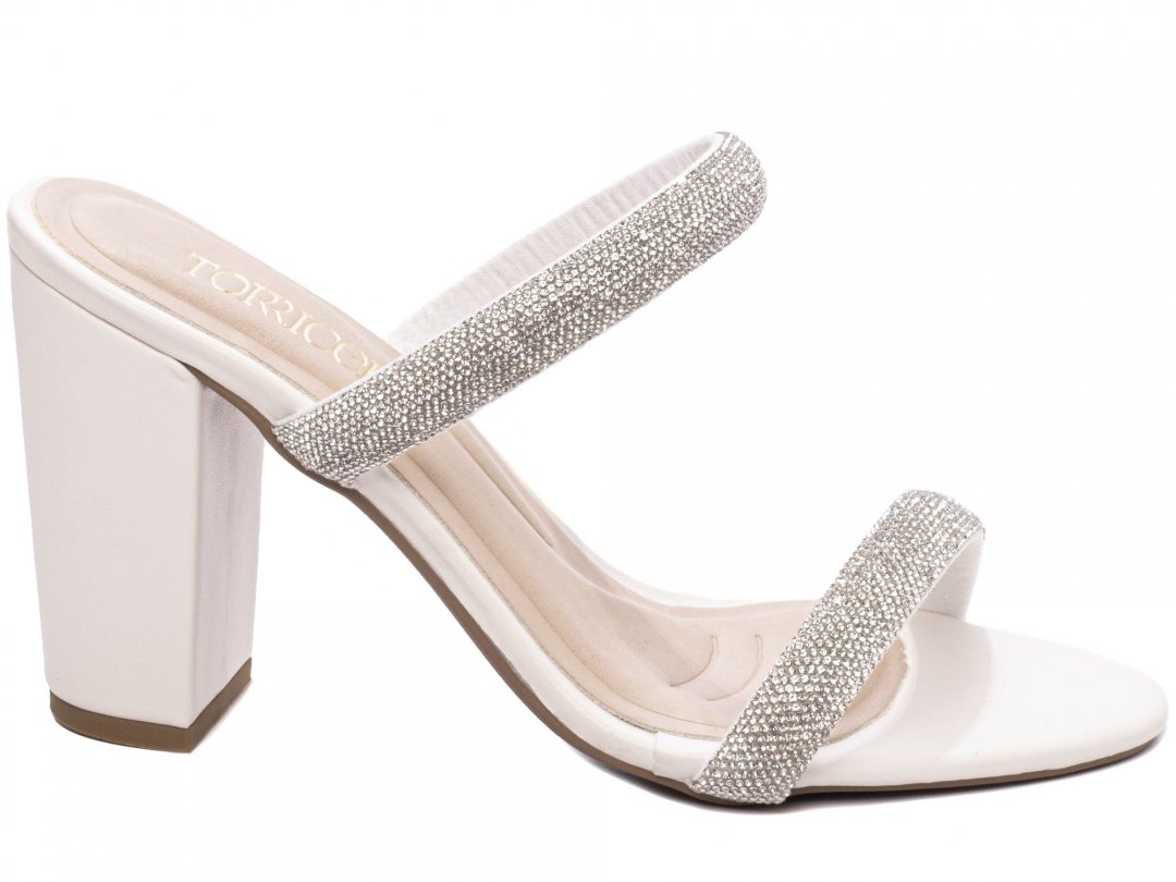 Tamanco Salto 8,5cm  Elegancia Pura em Off White e Strass Prata